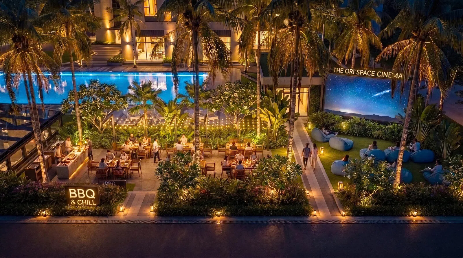 Khu BBQ Zone và café chiếu phim ngoài trời về đêm tại The Ori Space, Mỹ Hạnh, Tây Ninh