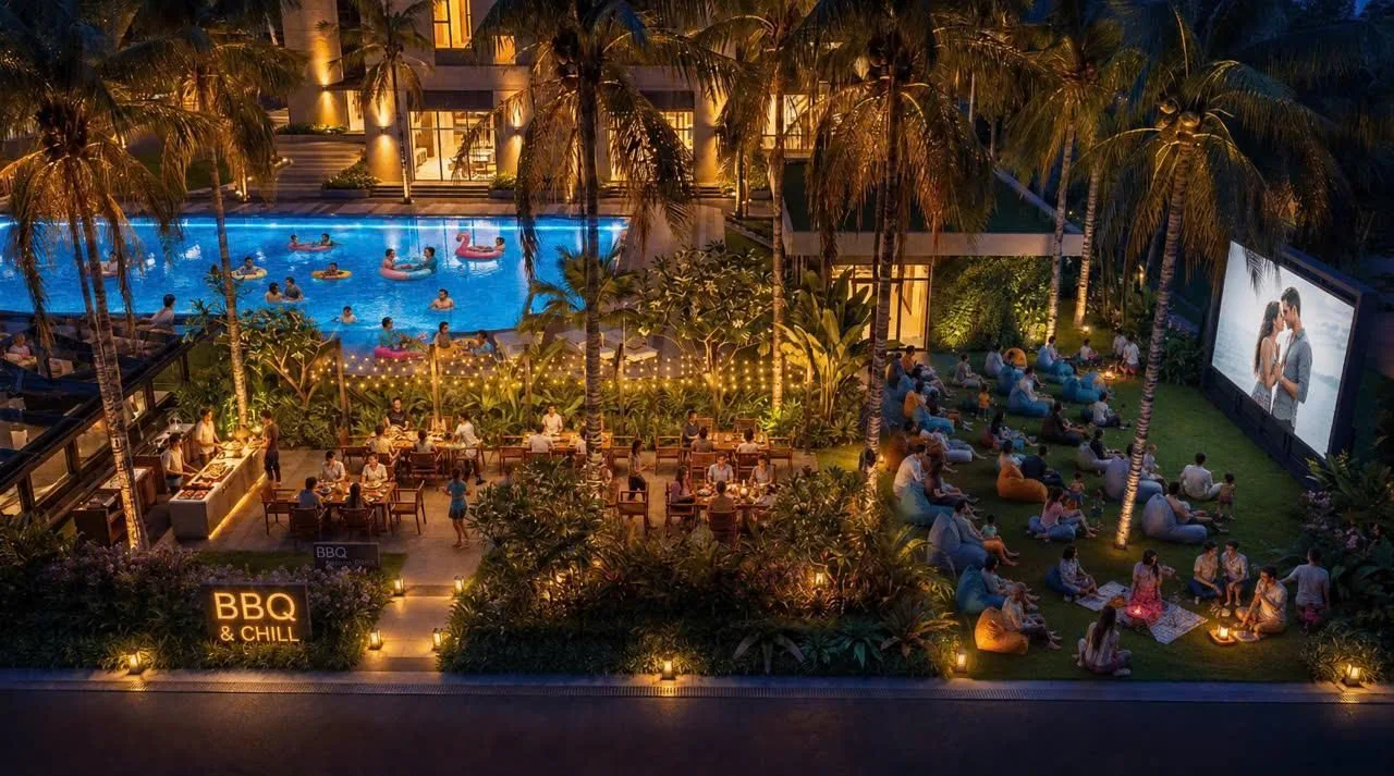 Khu BBQ ngoài trời về đêm tại The Ori Space, Mỹ Hạnh, Tây Ninh