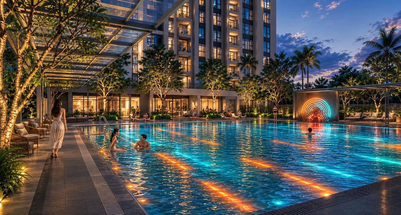 Bể bơi nghệ thuật về đêm tại The Ori Space, Mỹ Hạnh, Tây Ninh