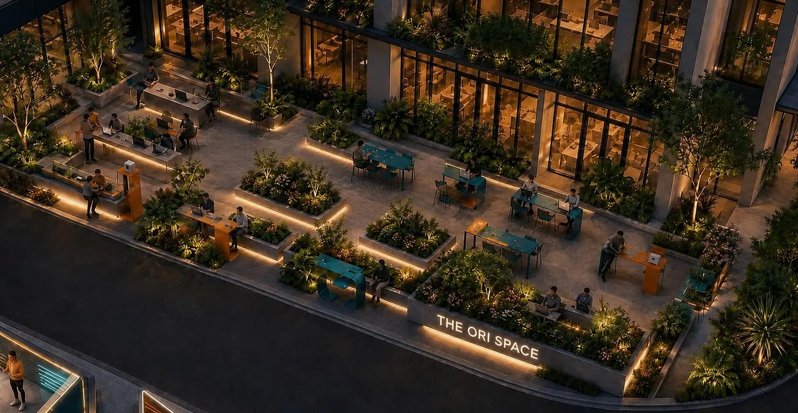 Khu co-working ngoài trời buổi tối tại The Ori Space, Mỹ Hạnh