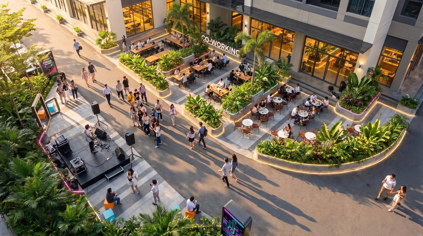 Khu co-working outdoor ban ngày giữa sân vườn The Ori Space, Mỹ Hạnh, Tây Ninh