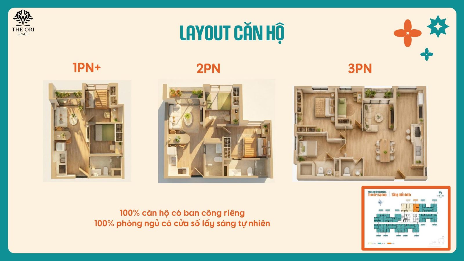 Layout căn hộ 1PN+, 2PN và 3PN dự án The Ori Space, Mỹ Hạnh, Tây Ninh