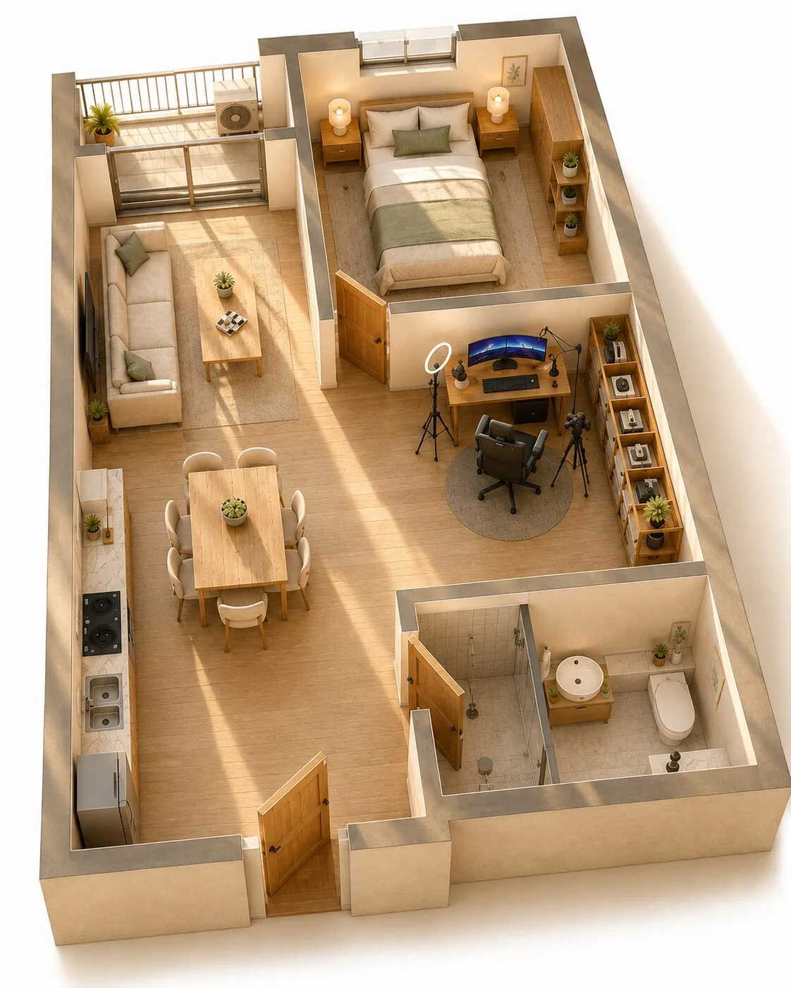 Layout căn hộ 1PN+ 42,4 m² The Ori Space: phòng ngủ, góc làm việc, bếp và ban công riêng