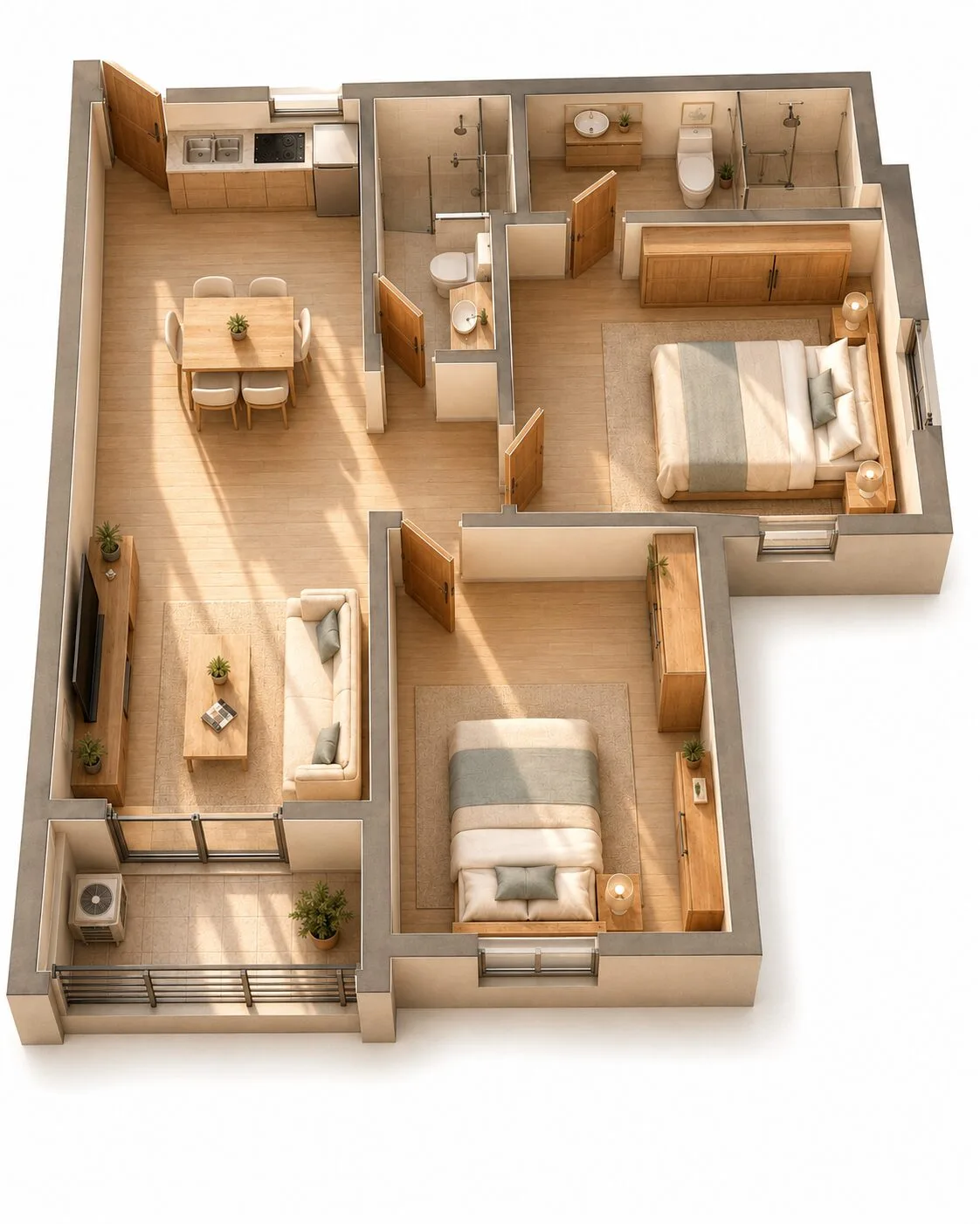 Layout căn hộ 2PN 2WC The Ori Space Mỹ Hạnh: hai phòng ngủ, hai nhà tắm, bếp chữ L và logia