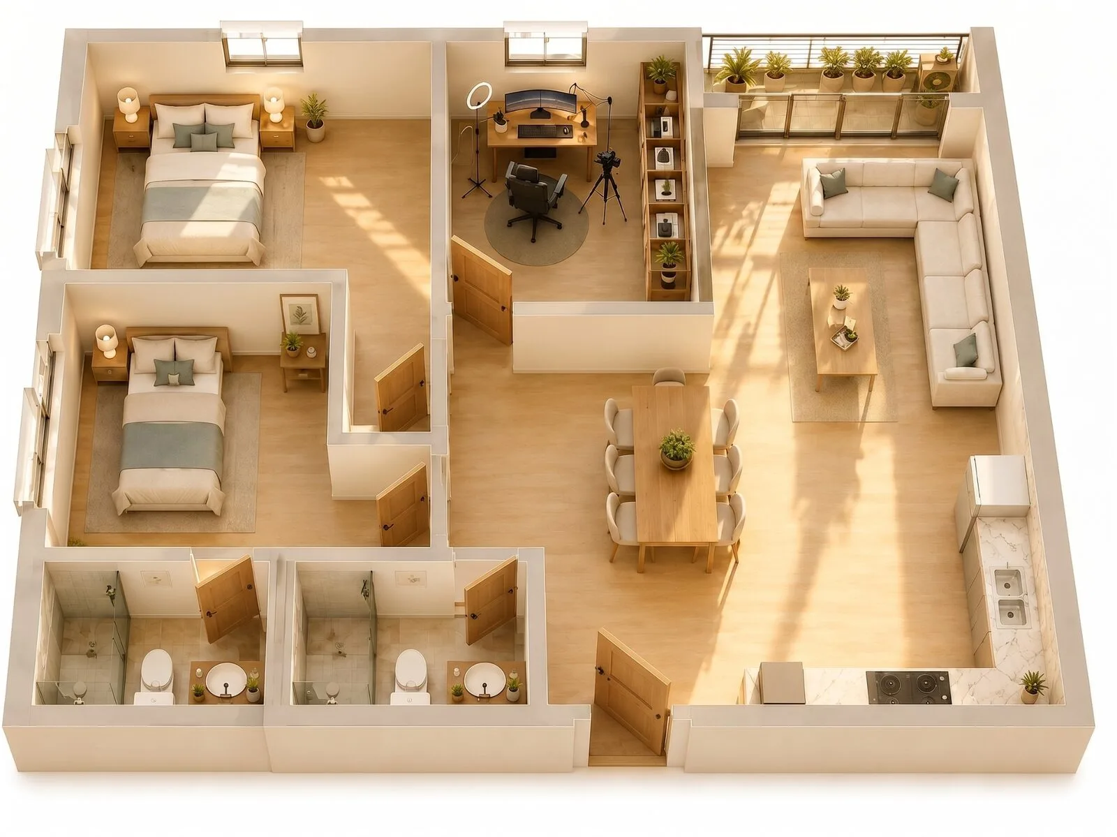 Layout căn hộ 3PN 83 m² The Ori Space: ba phòng ngủ, hai WC, phòng khách và ban công dài