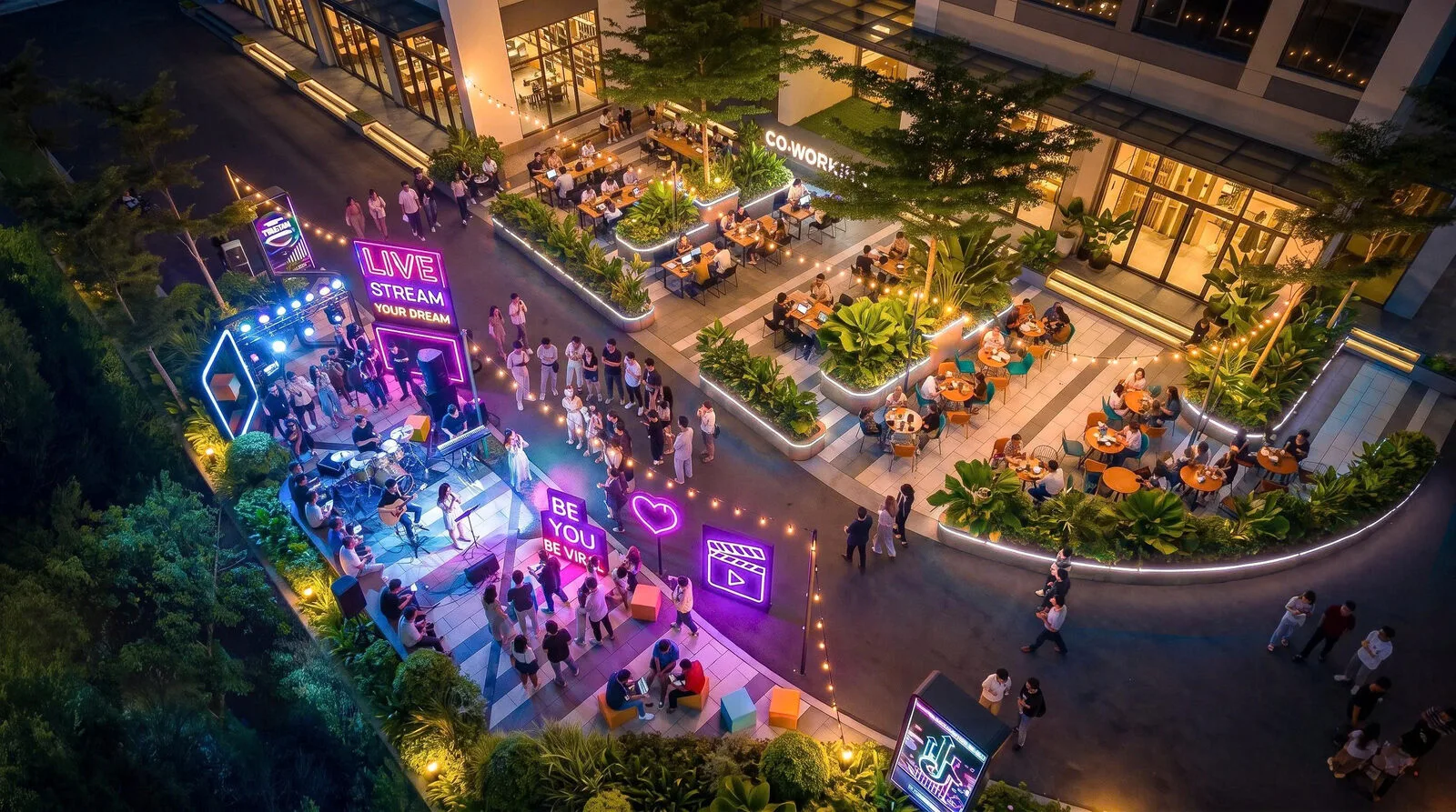 Khu Livestream Outdoor lên đèn buổi tối phục vụ cư dân The Ori Space, Mỹ Hạnh, Tây Ninh