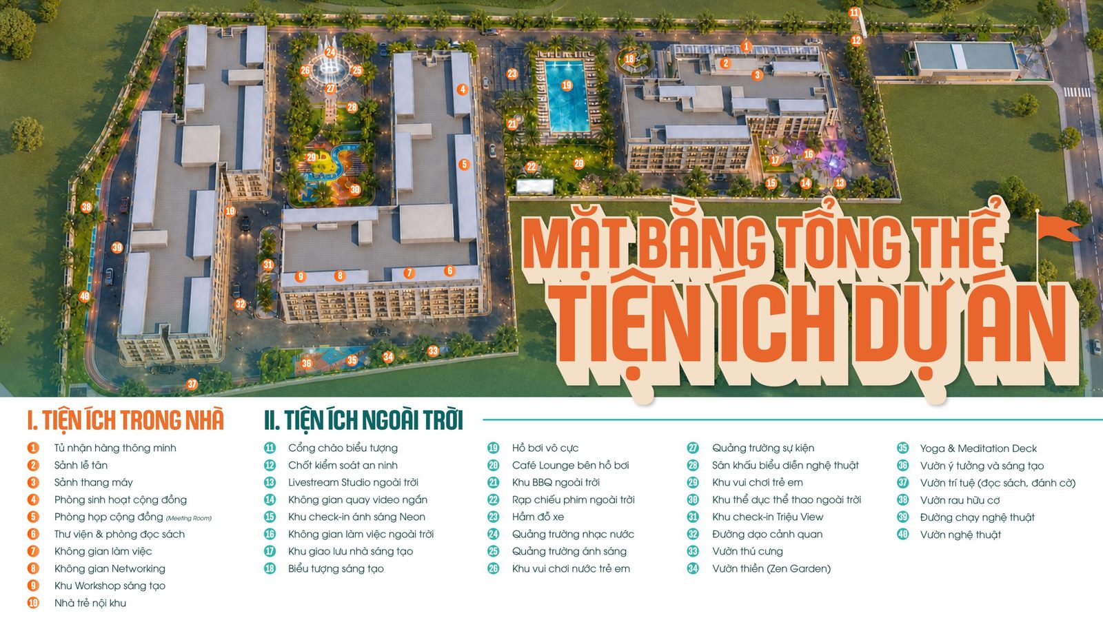 Mặt bằng tổng thể tiện ích dự án The Ori Space kèm chú thích tiện ích trong và ngoài nhà