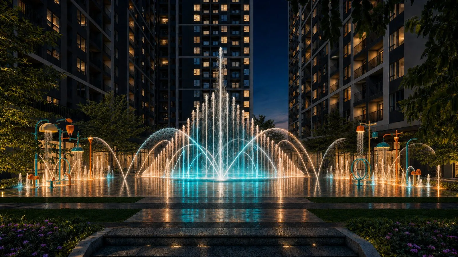 Quảng trường nhạc nước lên đèn về đêm tại dự án The Ori Space, Mỹ Hạnh, Tây Ninh