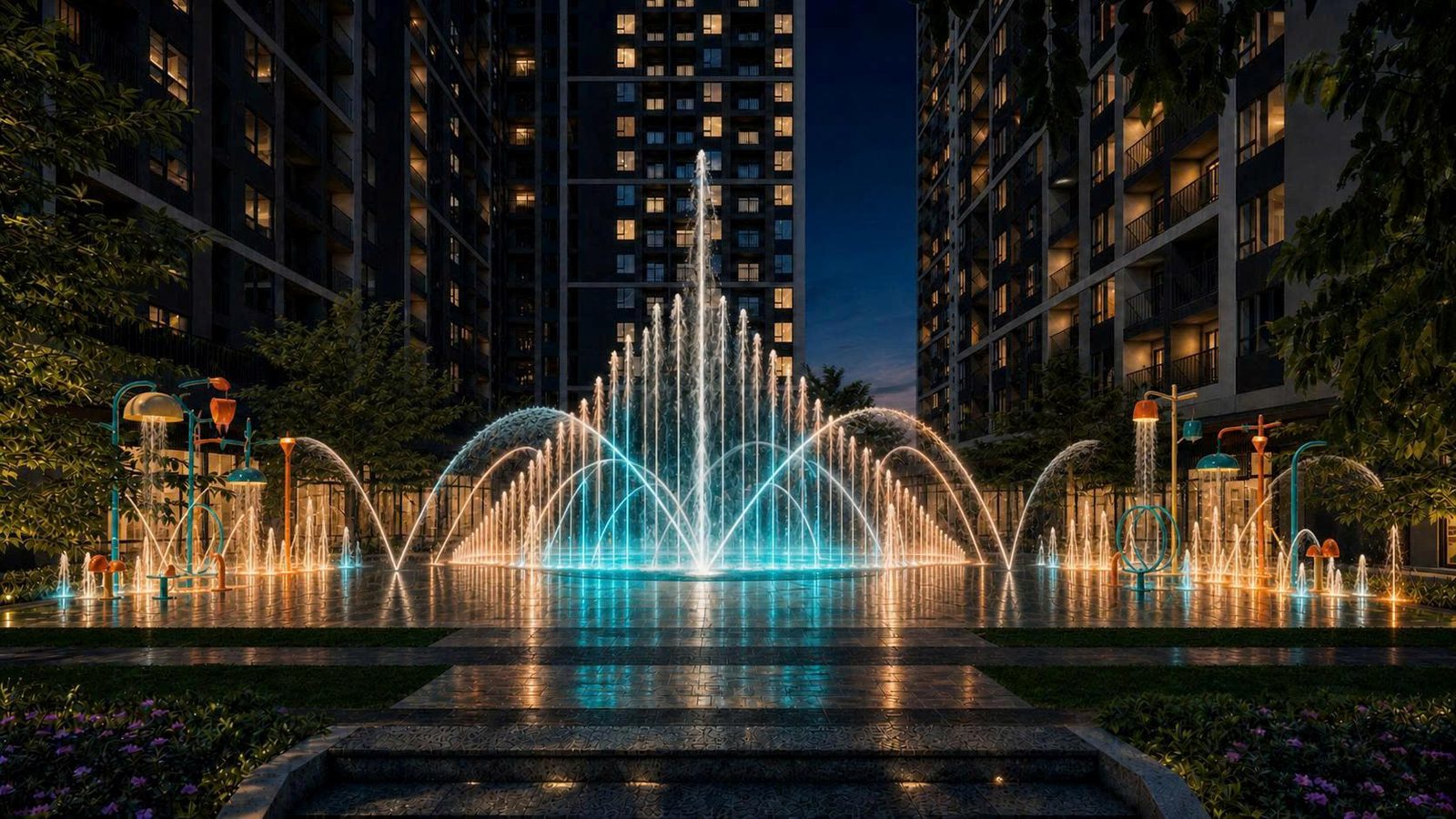 Quảng trường nhạc nước về đêm giữa các tòa căn hộ The Ori Space