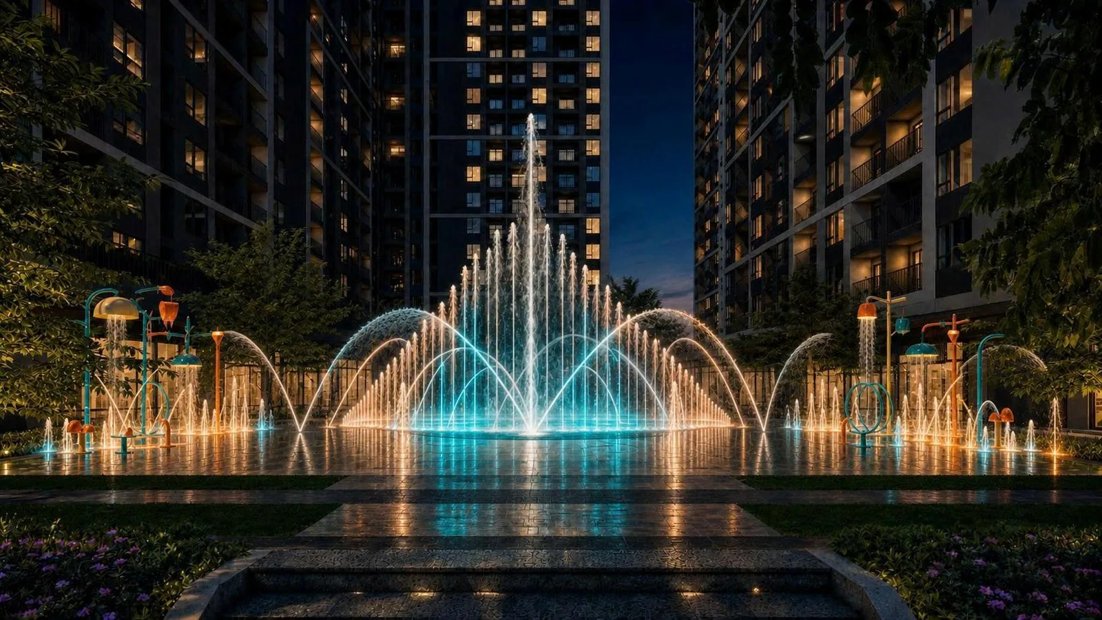 Quảng trường nhạc nước về đêm giữa các tòa căn hộ The Ori Space