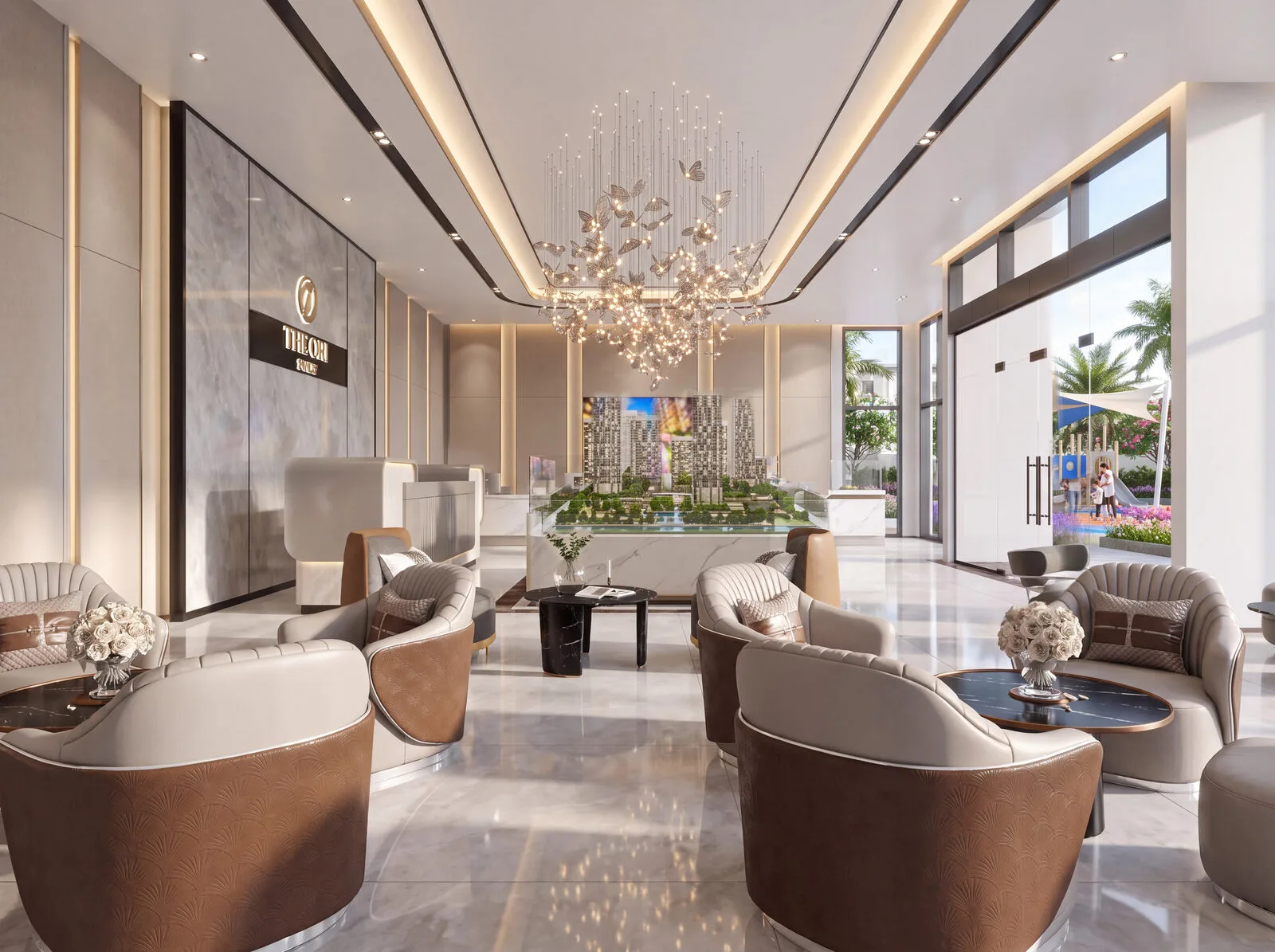 Khu tiếp khách trong sales gallery The Ori Space với sa bàn và đèn chùm, Mỹ Hạnh