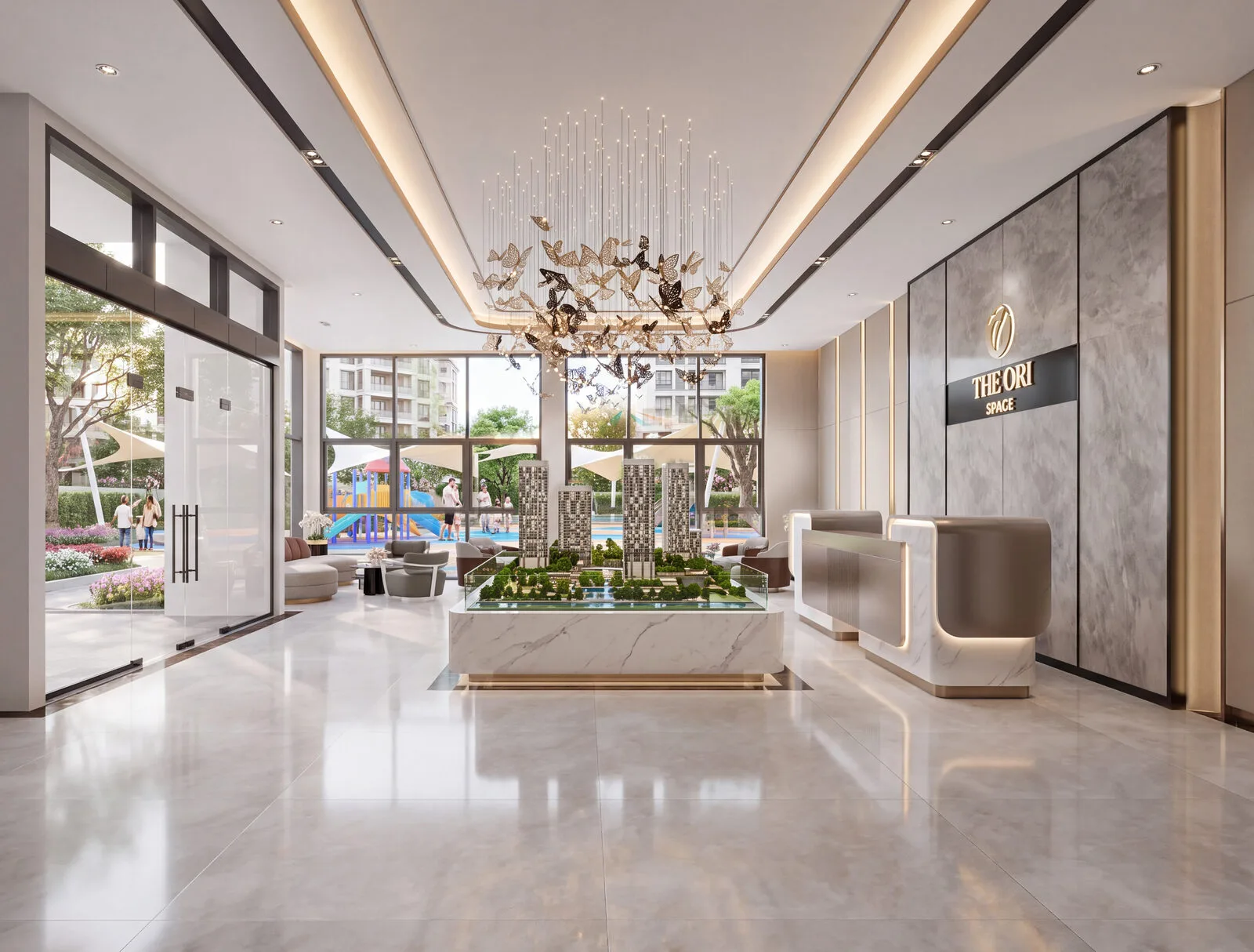 Sảnh sales gallery The Ori Space nhìn ra sân chơi trẻ em, Mỹ Hạnh, Tây Ninh