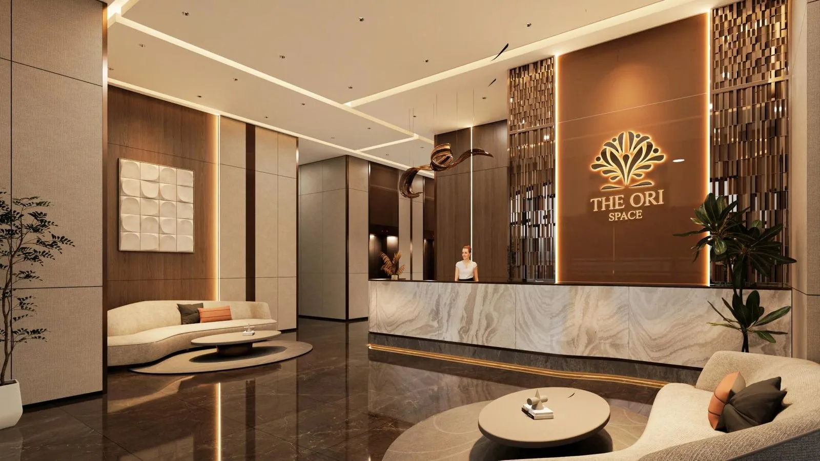 Sảnh lễ tân căn hộ The Ori Space với nội thất tối giản và ánh sáng ấm