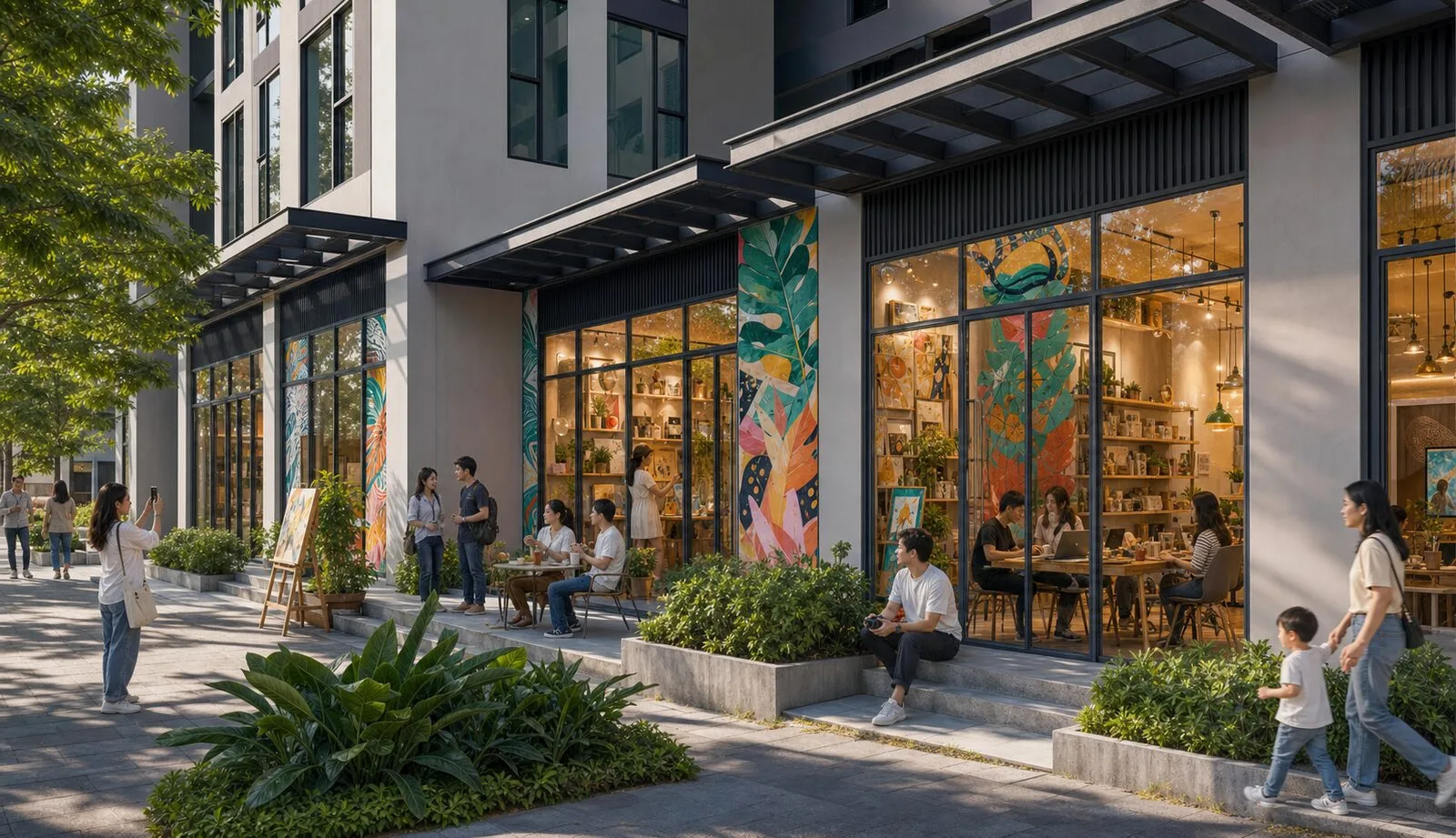Mặt tiền cửa hàng shophouse The Ori Space với hiên rộng và cây xanh, Mỹ Hạnh, Tây Ninh
