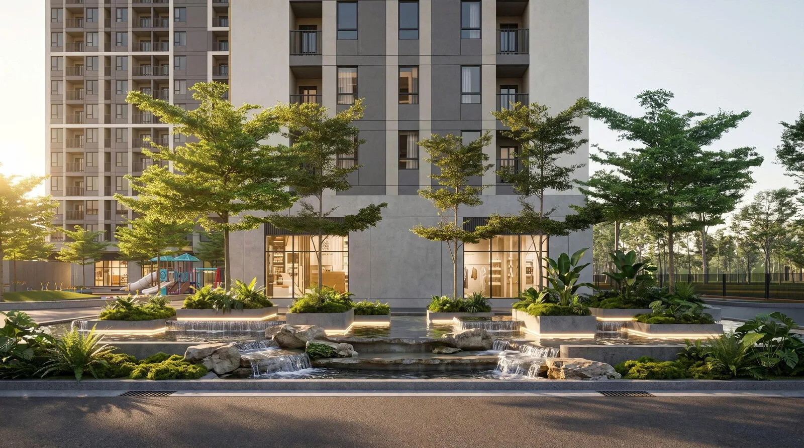 Tiểu cảnh thác nước và hồ nước trước lối vào tòa căn hộ The Ori Space, Mỹ Hạnh, Tây Ninh