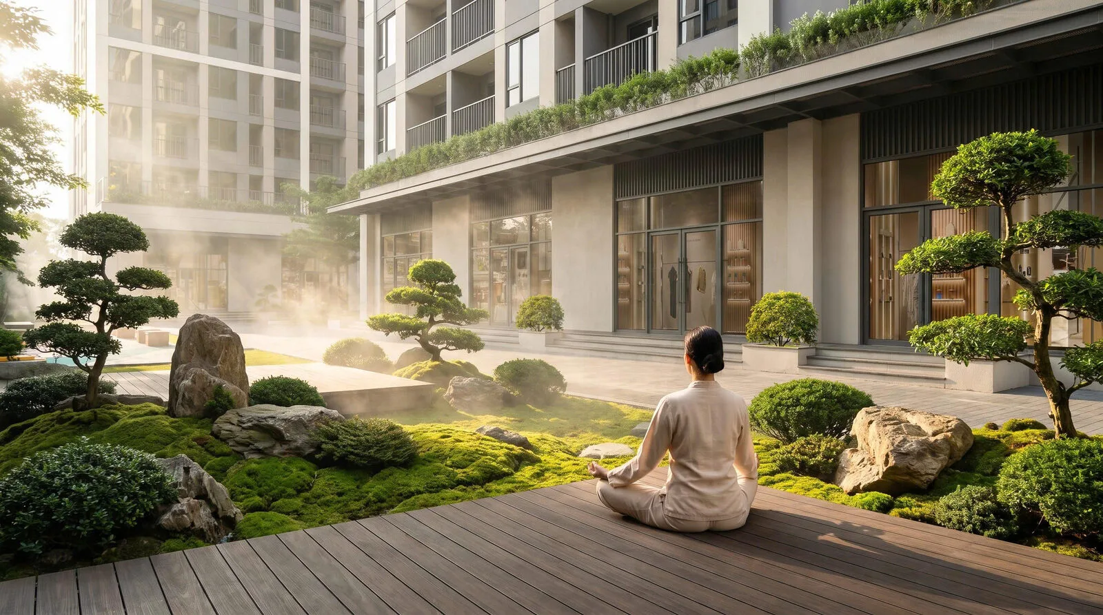Yoga deck sàn gỗ giữa vườn thiền đá và cây cảnh tại The Ori Space, Mỹ Hạnh, Tây Ninh